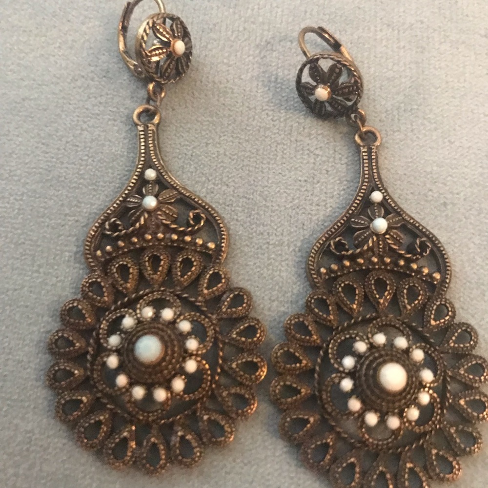 Vintage-Style Filigree Drop Earrings in Antique Gold with Turquoise Accents
